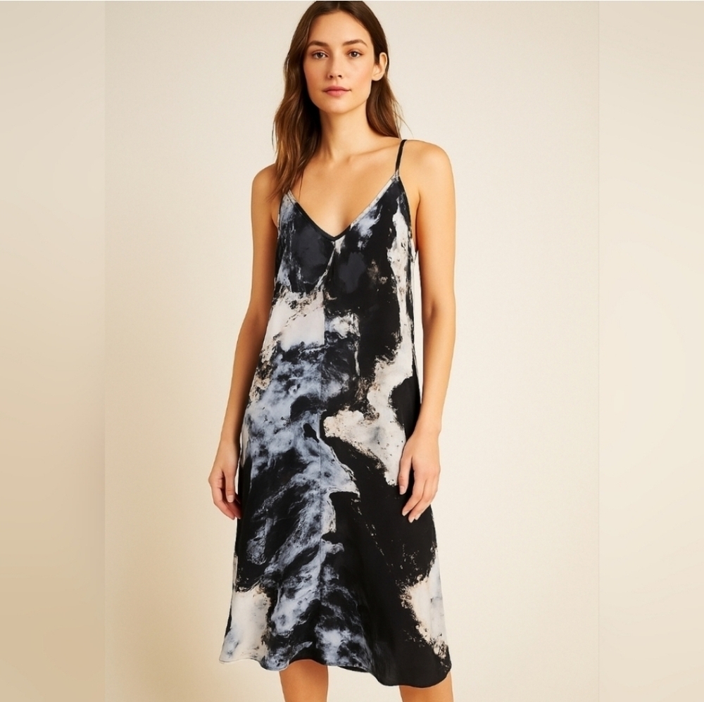Maeve Anthropologie 100% Silk Abstract Print Slip Dress XS Black White Midi